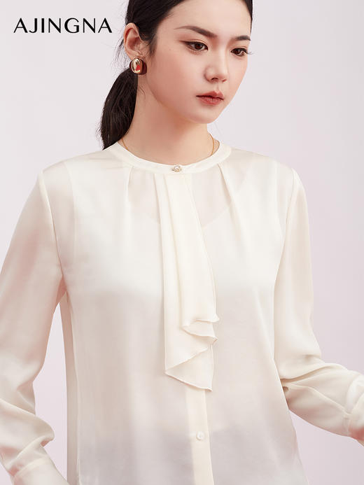 【商场同款】阿菁娜春季新款飘带衫不对称荷叶边珍珠扣点缀精致灵动柔美A31C109013 商品图0