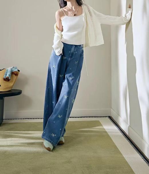 F031690蓝色刺绣碎花水洗牛仔裤子女2026春新款垂感拖地阔腿长裤 商品图11