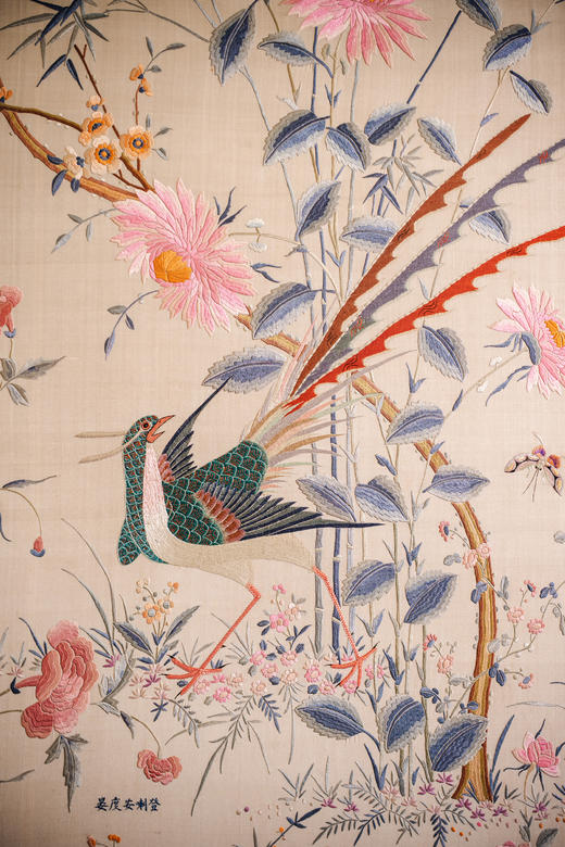 独角鹿西洋古董20世纪初中国出品传统花鸟主题「锦上添花」粤绣丝绸挂屏 商品图3