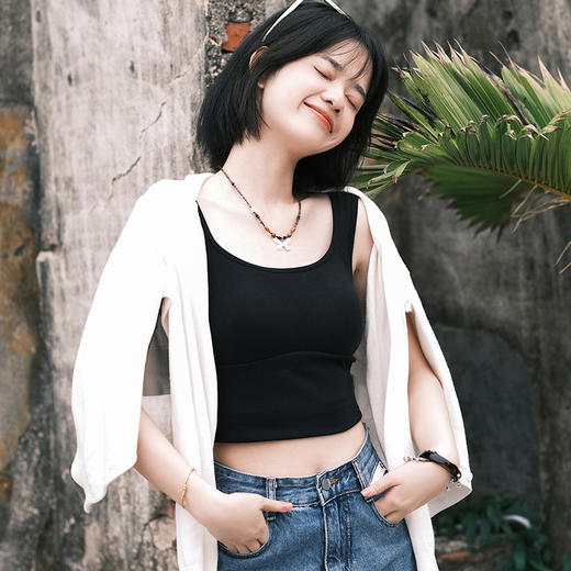 官网685！华家坑条方领免穿bra背心 宽肩带柔弹罗纹打底可外穿美背吊带 优可丝棉透气 商品图4