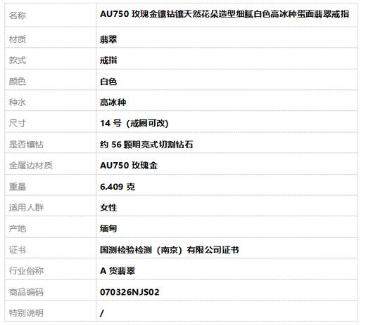 【天然正品】A货翡翠AU750玫瑰金镶钻镶天然花朵造型细腻白色高冰种蛋面翡翠戒指14号（戒圈可改）070326NJS02 商品图8