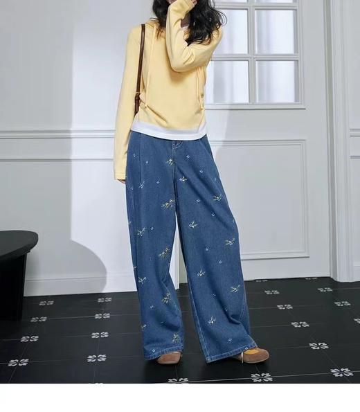F031690蓝色刺绣碎花水洗牛仔裤子女2026春新款垂感拖地阔腿长裤 商品图10