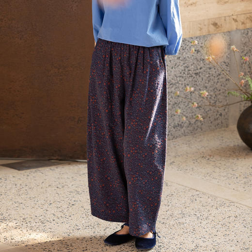 牧衣游原创 60支提花棉休闲长裤新款质朴复古肌理感阔腿裤 墨香 商品图0