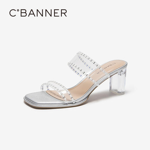 【上新】千百度透明钻石镶边一字拖女2026夏季新款法式粗凉拖鞋A26377887 商品图1