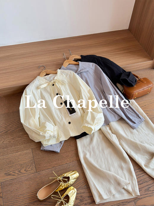 专柜实拍【减龄又文艺】拉夏贝尔/La Chapelle亲肤柔软别致领口系带设计排扣百搭通勤感净版长袖衬衫 商品图0