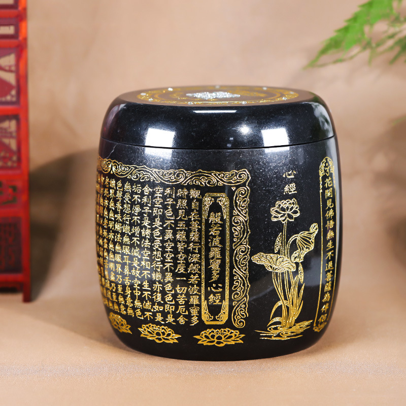 天然玉石骨灰坛黑色彩绘阿弥陀佛骨灰桶骨灰坛22.5*23cm