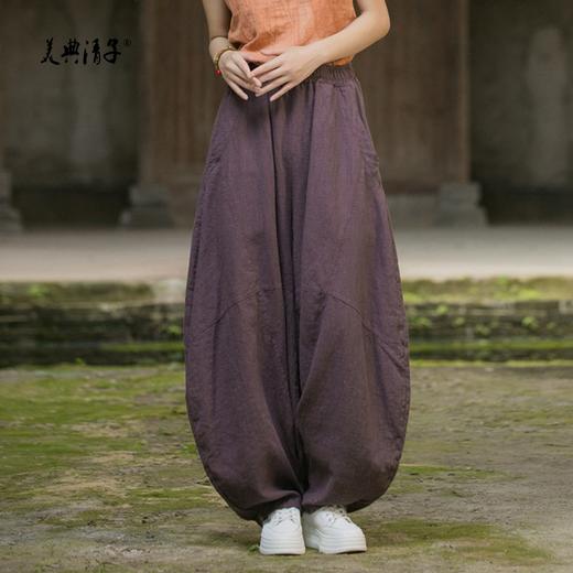 苎麻砂炒做旧垂感宽松高腰松紧腰灯笼裤 商品图2