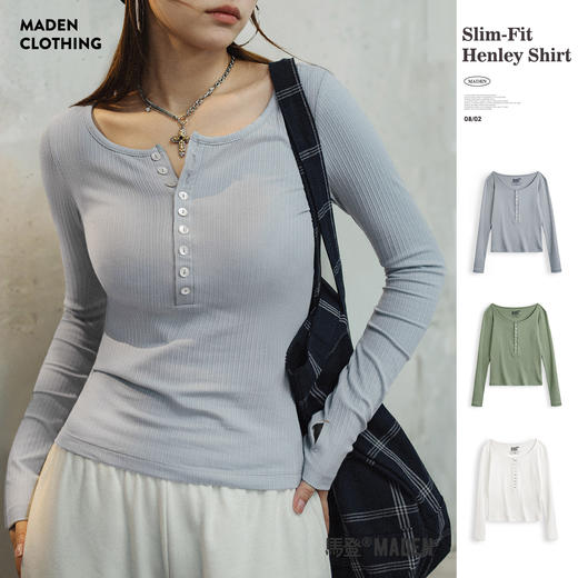 马登美式亨利衫针织打底衫修身内搭长袖T恤上衣2024秋季新款女 商品图0