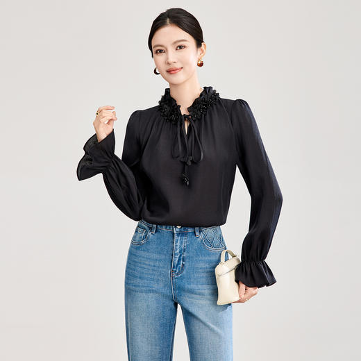 气质细闪天丝钉珠系带花瓣领垂感长袖衬衫WL2602305 商品图2