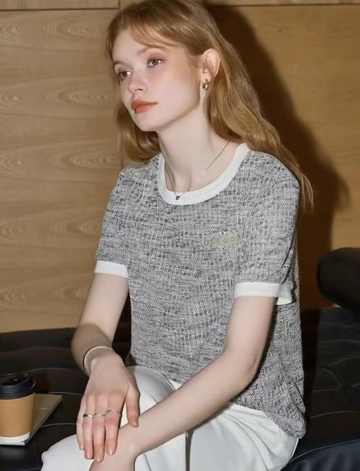 F0316108夏季新款法式小香风肌理感浮雕钉珠拼色圆领短袖T恤 商品图8