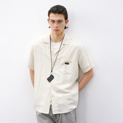 714street莱赛尔亚麻海鸥领短袖衬衫男2026夏季休闲复古老钱衬衣 商品图3