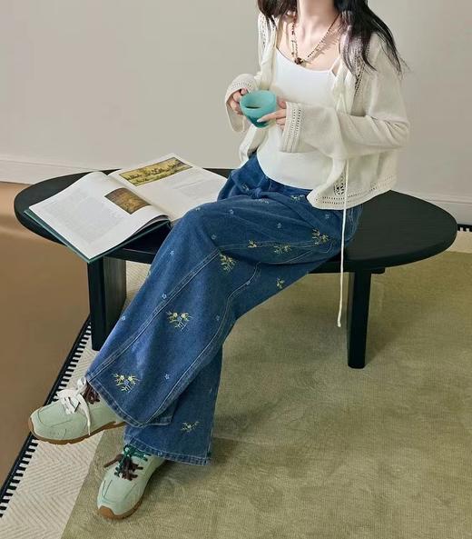F031690蓝色刺绣碎花水洗牛仔裤子女2026春新款垂感拖地阔腿长裤 商品图13