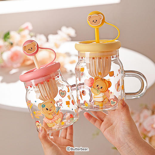 摩登主妇&黄油小熊】玻璃杯带盖吸管水杯大容量办公室咖啡杯子 商品图2