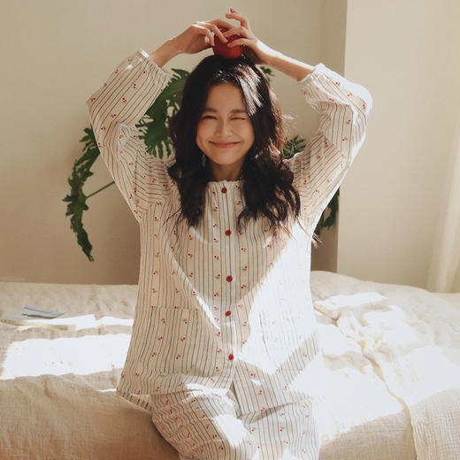 全棉双层纱~法式复古小樱桃纯棉睡裙/长袖套装春夏季女士睡衣女可外穿大码全棉家居服月子服 商品图3