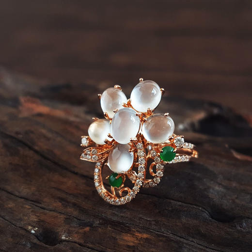 【天然正品】A货翡翠AU750玫瑰金镶钻镶天然花朵造型细腻白色高冰种蛋面翡翠戒指14号（戒圈可改）070326NJS02 商品图3