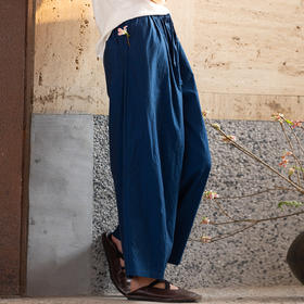 牧衣游原创 120支进口长绒棉长裤靛蓝色宽松百搭阔腿休闲裤 溪岄