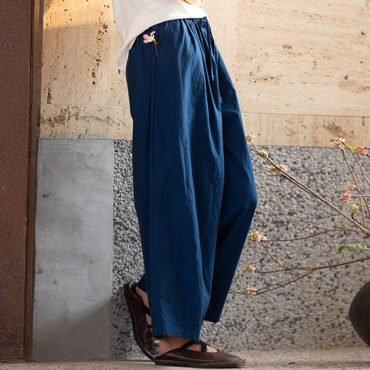牧衣游原创 120支进口长绒棉长裤靛蓝色宽松百搭阔腿休闲裤 溪岄 商品图0