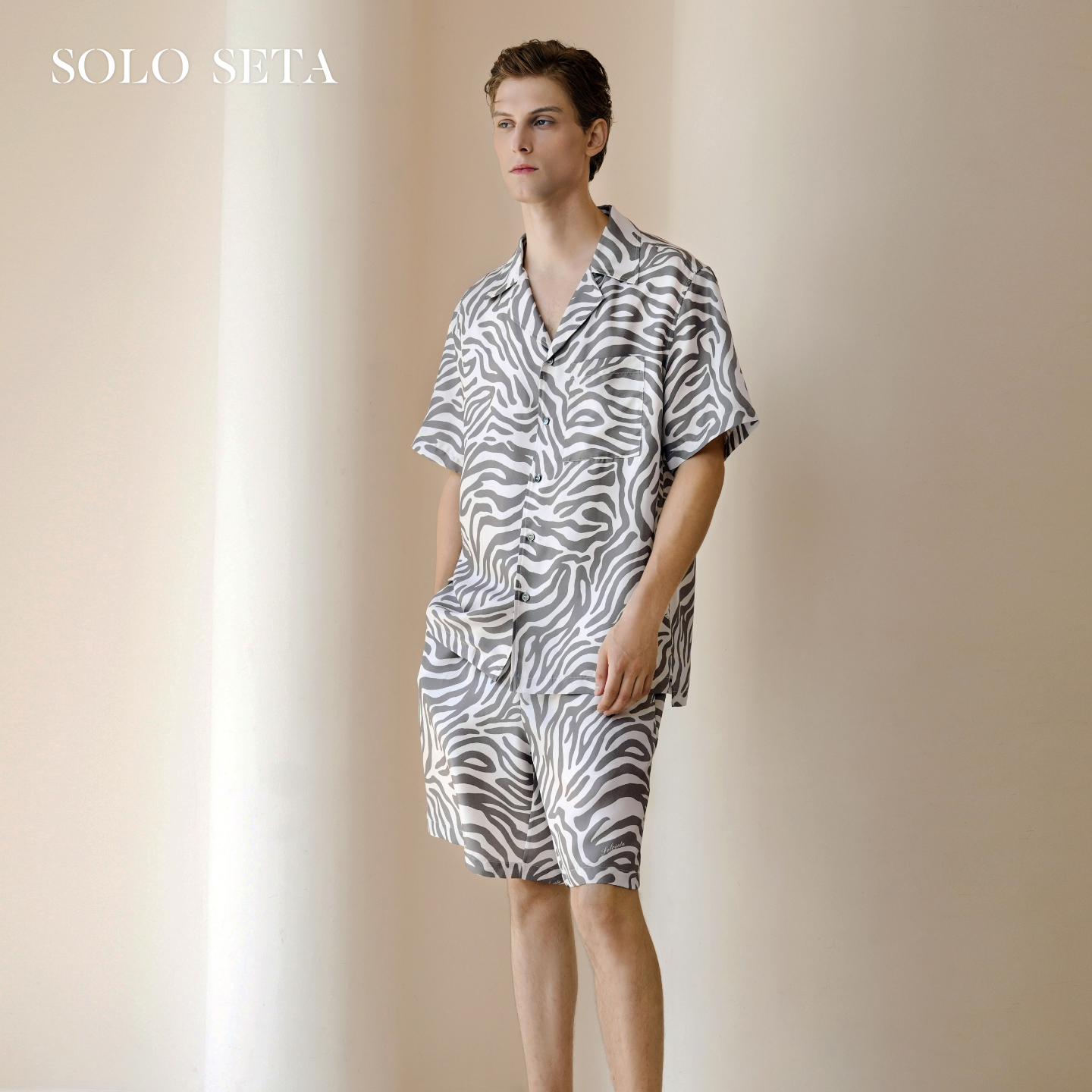 Solo seta男士真丝印花短袖短裤套装桑蚕丝可外穿家居服2026春夏