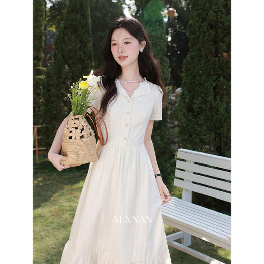 鹿向南「晚风清梦」复古法式杏色连衣裙女夏新款短袖度假长款裙子 商品图2