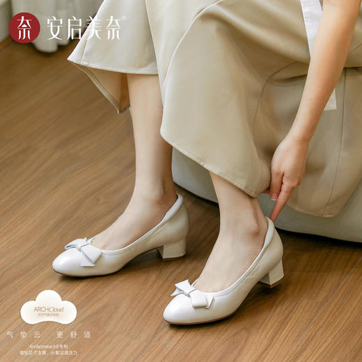 ARCH CONTACT安启美奈蝴蝶结粗跟浅口百搭通勤不累脚女单鞋53121-1 商品图1