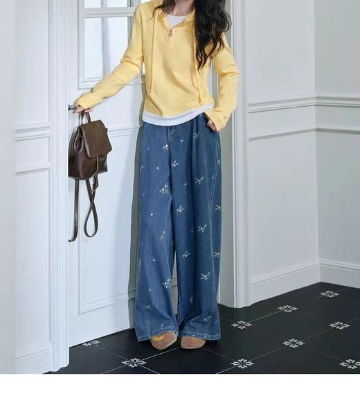 F031690蓝色刺绣碎花水洗牛仔裤子女2026春新款垂感拖地阔腿长裤 商品图14