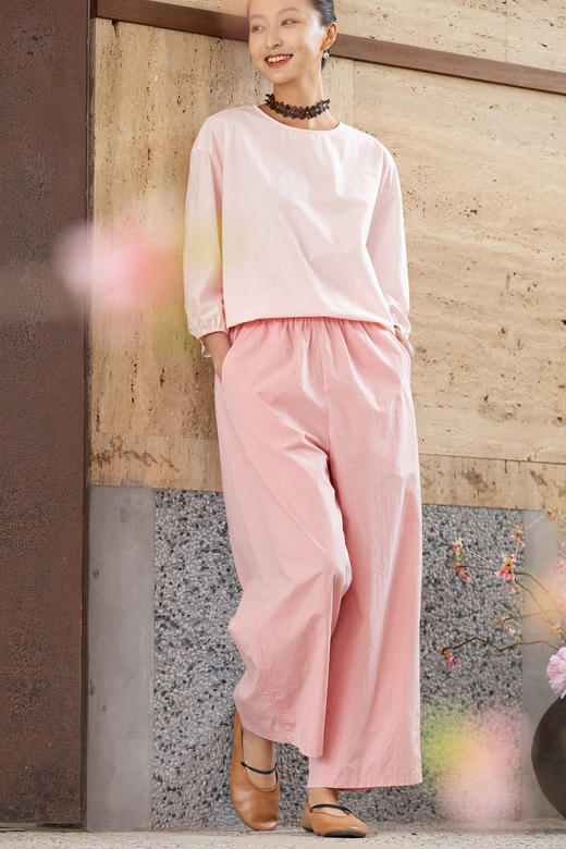 牧衣游原创 净色纯棉休闲长裤新款宽松百搭舒适松紧腰裤子 春意蓝 商品图5