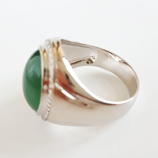 【天然正品】A货翡翠AU750收藏级白金镶钻镶天然细腻满绿冰种蛋面翡翠戒指23号（戒圈可改）280226NJS37 商品图2