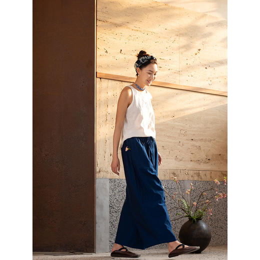 牧衣游原创 120支进口长绒棉长裤靛蓝色宽松百搭阔腿休闲裤 溪岄 商品图1