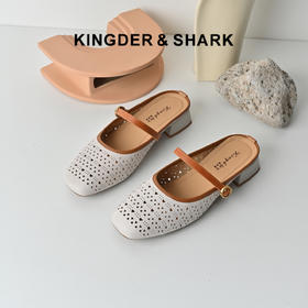 经典鲨2026夏季专柜新品羊皮革镂空中粗跟一脚蹬半托单鞋女KG383-629061