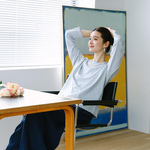 特绽放512朵/油画T·棉针织一字领落肩油画色彩长袖T恤女春打底衫 商品图3