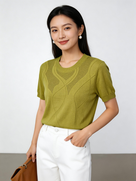 SC2E02_艾绿色_针织衫_夏季_圆领短袖镂空提花肌理感_高级女装_BERNIEELEN 伯妮斯茵