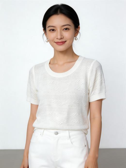 SC2E03_凝脂色/胭脂色/漆黑色_针织衫_夏季_圆领短袖枝叶提花肌理感_高级女装_BERNIEELEN 伯妮斯茵 商品图1