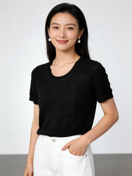 SC2E03_凝脂色/胭脂色/漆黑色_针织衫_夏季_圆领短袖枝叶提花肌理感_高级女装_BERNIEELEN 伯妮斯茵 商品图2