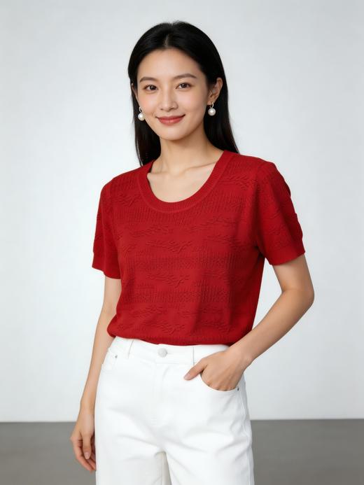 SC2E03_凝脂色/胭脂色/漆黑色_针织衫_夏季_圆领短袖枝叶提花肌理感_高级女装_BERNIEELEN 伯妮斯茵 商品图0