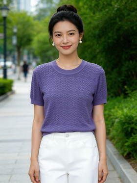 SC2E05_凝脂色/暮山紫/漆黑色_针织衫_夏季_圆领短袖枝叶提花肌理感修身_高级女装_BERNIEELEN 伯妮斯茵