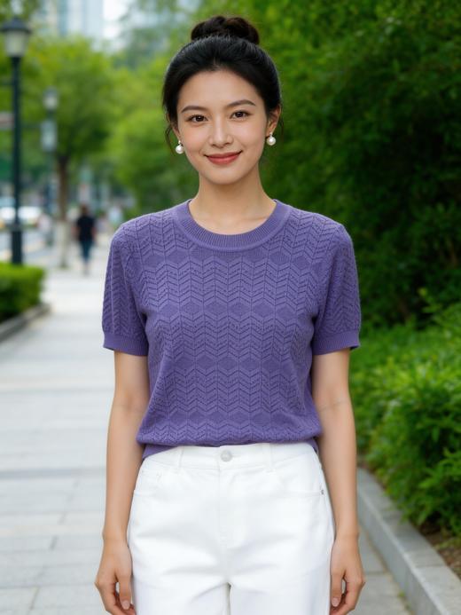 SC2E05_凝脂色/暮山紫/漆黑色_针织衫_夏季_圆领短袖枝叶提花肌理感修身_高级女装_BERNIEELEN 伯妮斯茵 商品图0