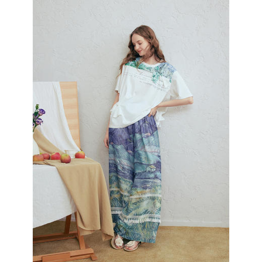 两三事梵高文艺热吻丛林2026春新款流苏裤脚印花高腰阔腿休闲裤女 商品图2