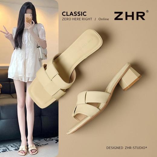 ZHR则则粗跟一字拖鞋女2025新款夏季外穿方头配裙子法式时尚拖鞋 商品图1