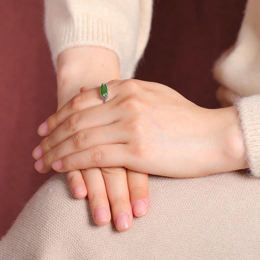 【乐宁】S925纯银和田玉碧玉复古竹节竹叶开口戒指【CW-JZ07525】 商品图3