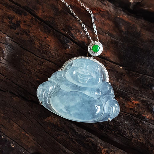 【天然正品】A货翡翠AU750精品白金镶钻镶天然冰种佛公翡翠（吉祥、平安）吊坠项链30.0*29.6*7.6MM（皆取最大值）060326NJS15 商品图5