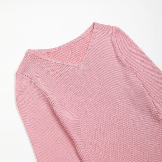 ROMI STUDIO100%桑蚕丝坑条v领粉色修身长袖针织上衣RWDSST1760 商品图2