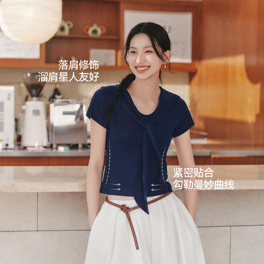 森马短袖T恤女夏季短款花边披肩翻领假两件正肩紧身2026新款上衣 商品图2