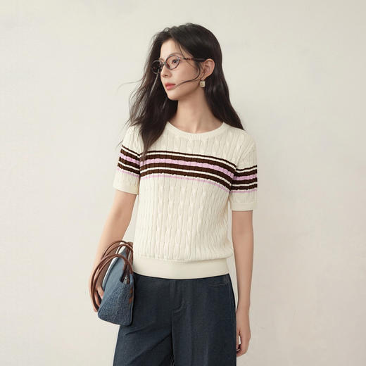 【严选】诗凡黎撞色条纹绞花针织衫2026春夏新款设计感软糯亲肤短袖上衣女7H2230471 商品图4