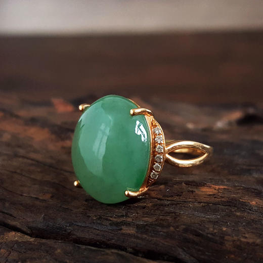 【天然正品】A货翡翠AU750黄金镶钻镶天然细腻满绿糯冰种蛋面翡翠戒指16.5号（戒圈可改）131125AH25 商品图3