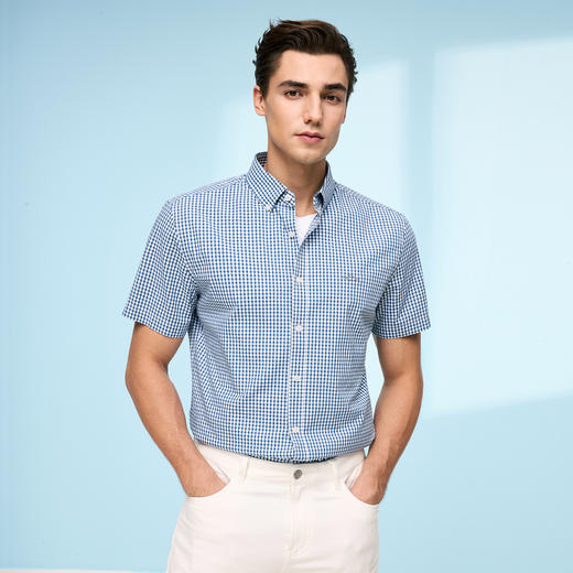 德鲨鲨鱼短袖棉质衬衫男青年经典格纹上衣打底弹力衬衣2026夏新款 商品图1