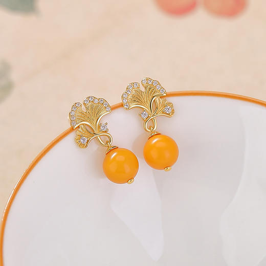 【禧宁】S925纯银镀金水红南红玛瑙蜜蜡银杏叶几何圆珠耳饰【CW-ED04765】 商品图2