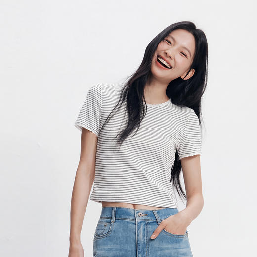 【99元任选2件】森马短袖T恤女夏季短款蕾丝花边圆领紧身衣服显瘦温柔气质条纹衫 商品图2