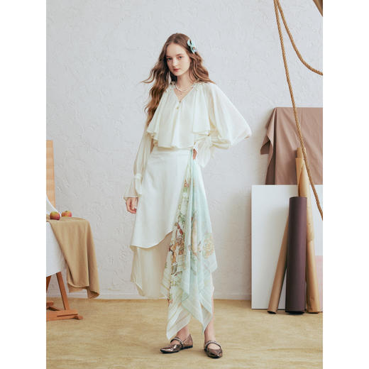 两三事 晚风清梦 2026春季新款法式优雅可拆印花屁帘雪纺半身裙 商品图3