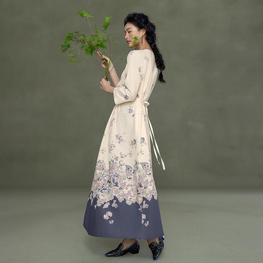 【林栖设计小店】花间迷梦|纯棉杏色牙签褶优雅早春新品印花连衣裙1961344 商品图4