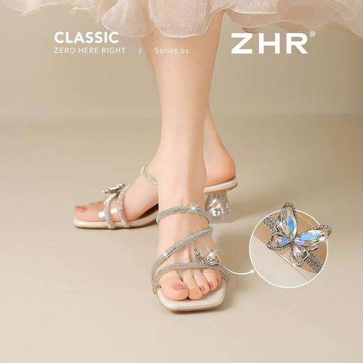ZHR则则蝴蝶水钻凉鞋2025夏季新款洋气超软女鞋细带水晶粗跟凉拖 商品图3